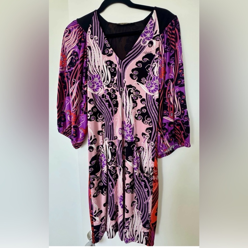 Roberto Cavalli Pink and Purple Midi Dress with Intricate Design